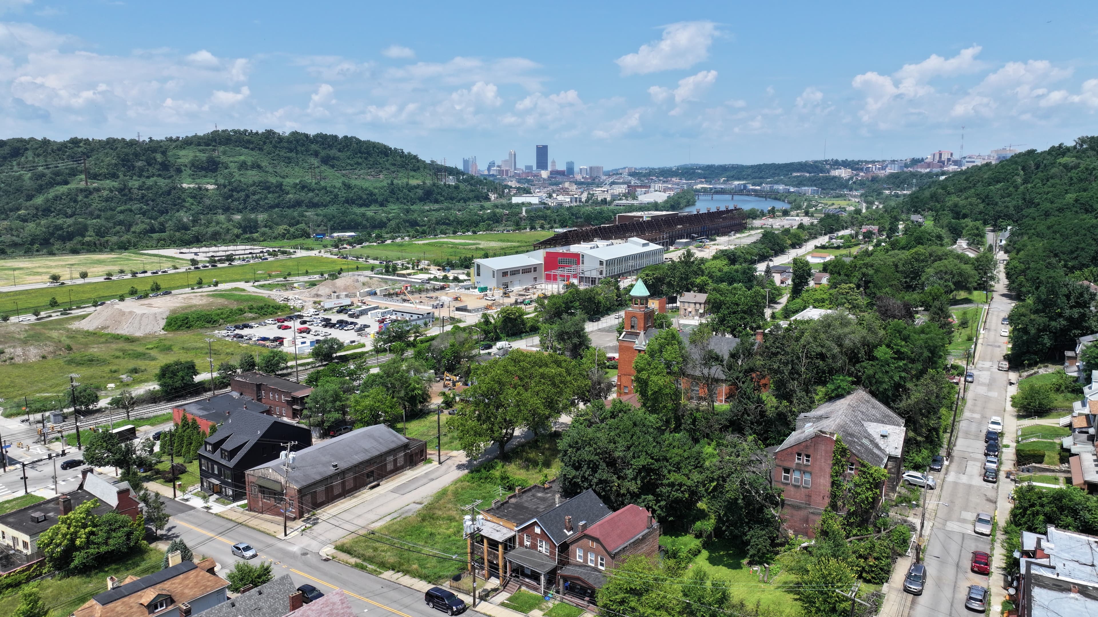 Aerial view of the historic steel mill site in Greater Hazelwood, Pittsburgh.